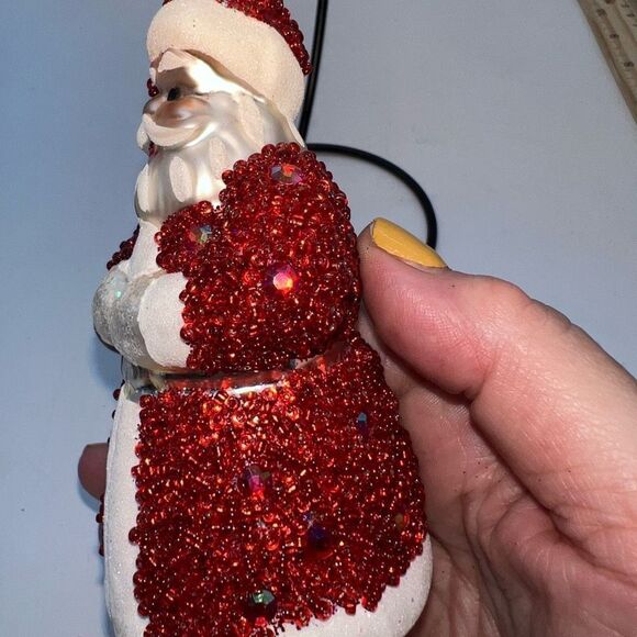 Vintage Glass Hand Painted Beaded Santa Ornament - Picture 2 of 9